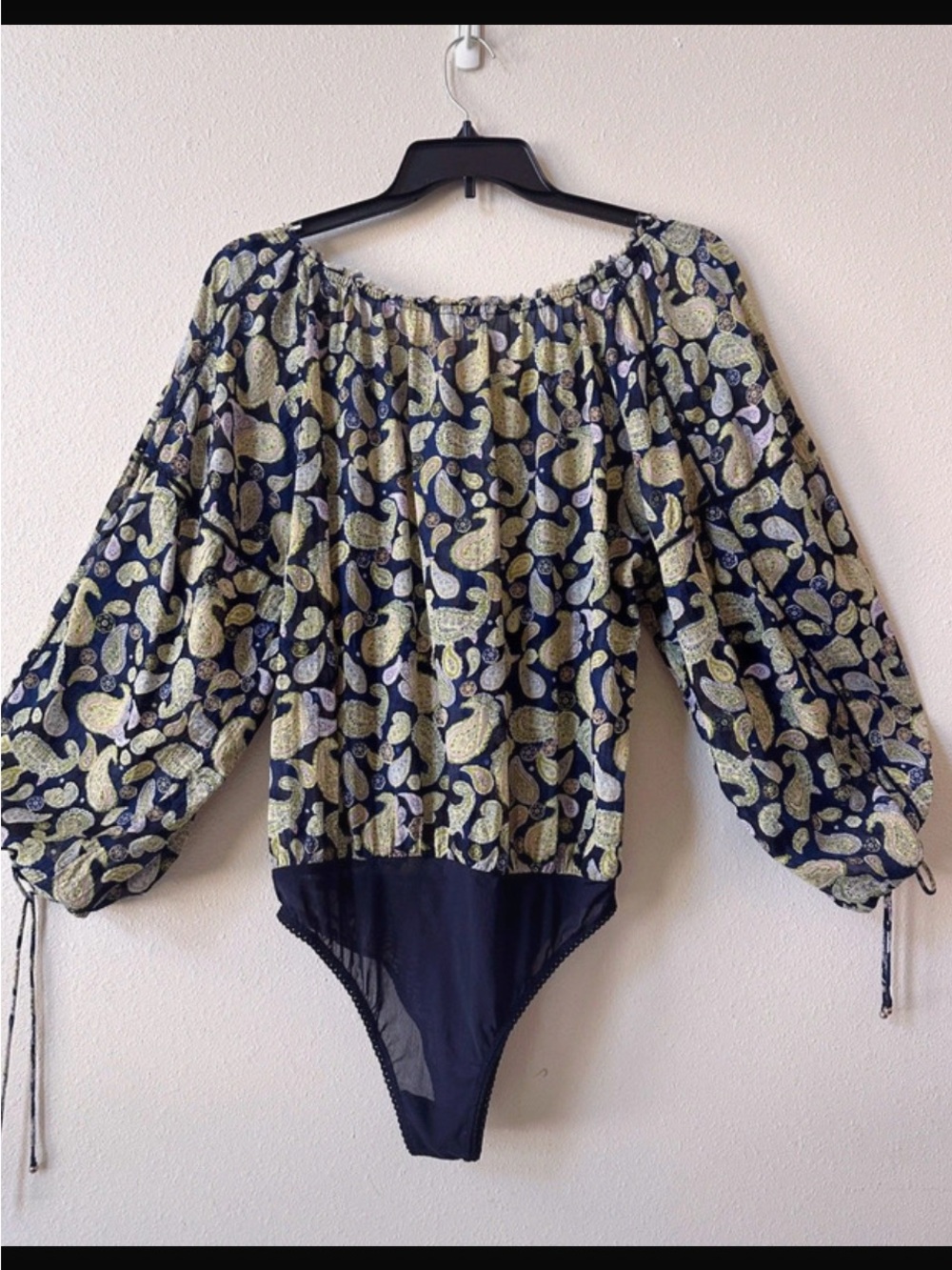 Free People Navy Paisley Off-Shoulder Bodysuit